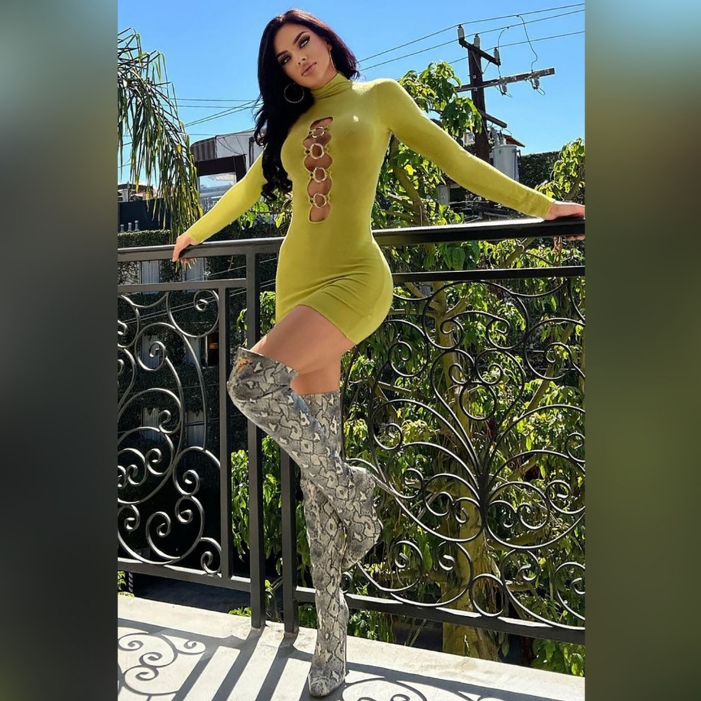 NWT O-Really Chartreuse Sweater Mini Front Cut Out Dress